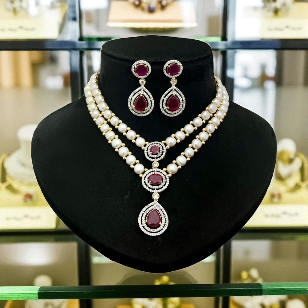 Royal Two-Line Real Pearl Set with Exquisite Ruby & Diamond Drop Earrings