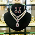 Royal Two-Line Real Pearl Set with Exquisite Ruby & Diamond Drop Earrings
