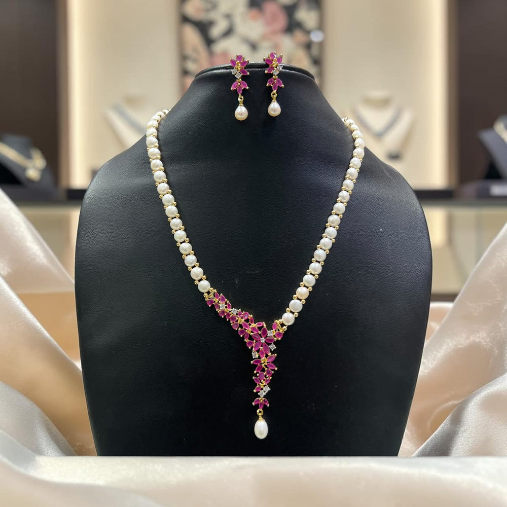 Floral Ruby & Pearl Dangle Pendant Set in Gold Finish – Dainty & Glamorous Jewel Set