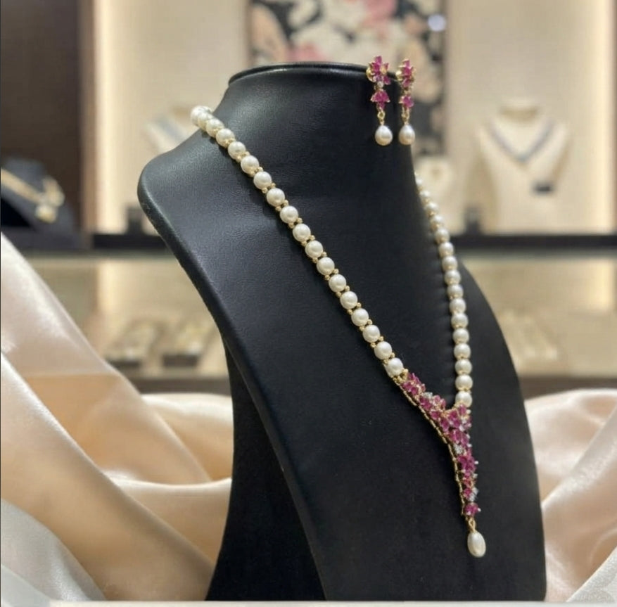 Floral Ruby & Pearl Dangle Pendant Set in Gold Finish – Dainty & Glamorous Jewel Set