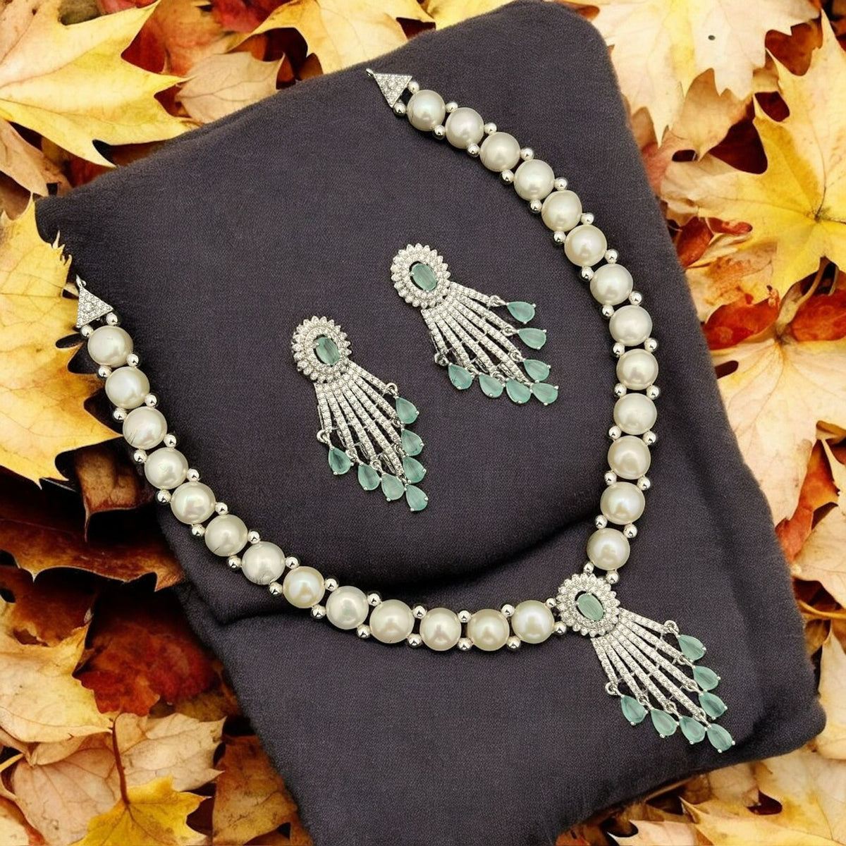 Elegant Pearl and Mint-Green Stone Studded Necklace and Earrings Set