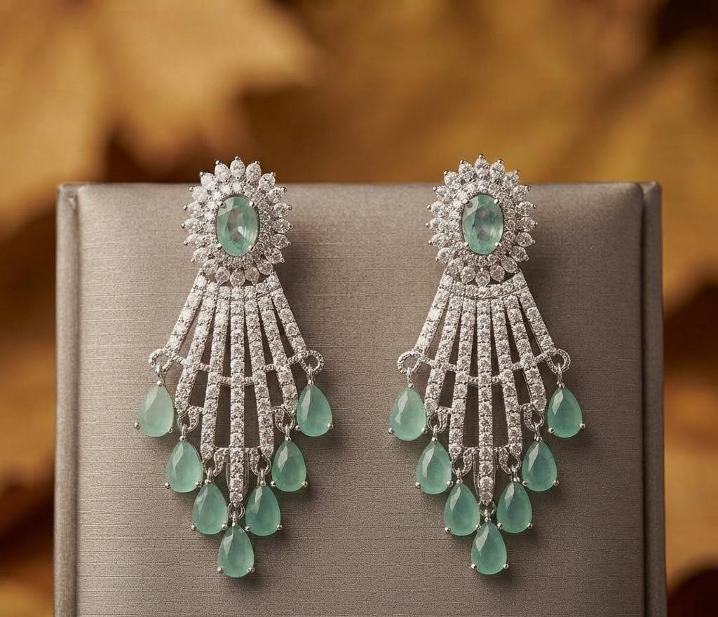 Elegant Pearl and Mint-Green Stone Studded Necklace and Earrings Set