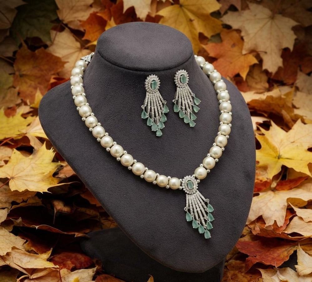Elegant Pearl and Mint-Green Stone Studded Necklace and Earrings Set