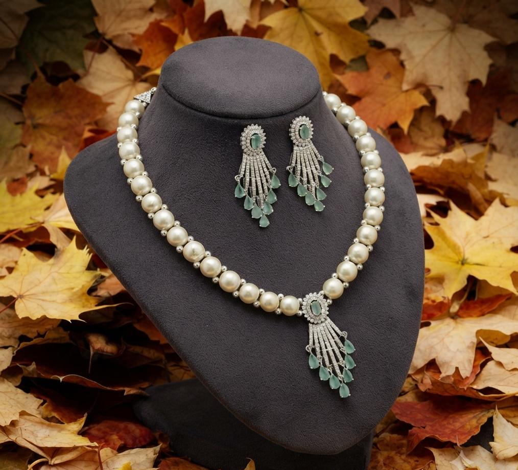 Elegant Pearl and Mint-Green Stone Studded Necklace and Earrings Set