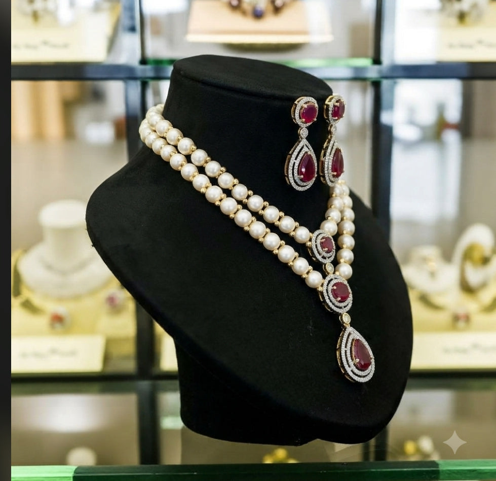 Royal Two-Line Real Pearl Set with Exquisite Ruby & Diamond Drop Earrings